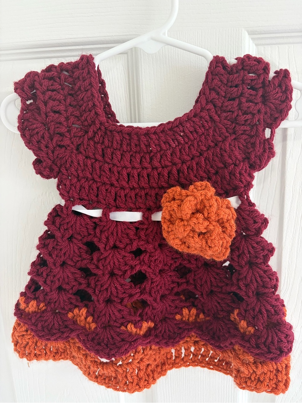 Handmade Crochet Baby Dress with Flower Accent - Virginia Tech Burgundy & Orange